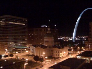 A night view towards the river and the famous arch